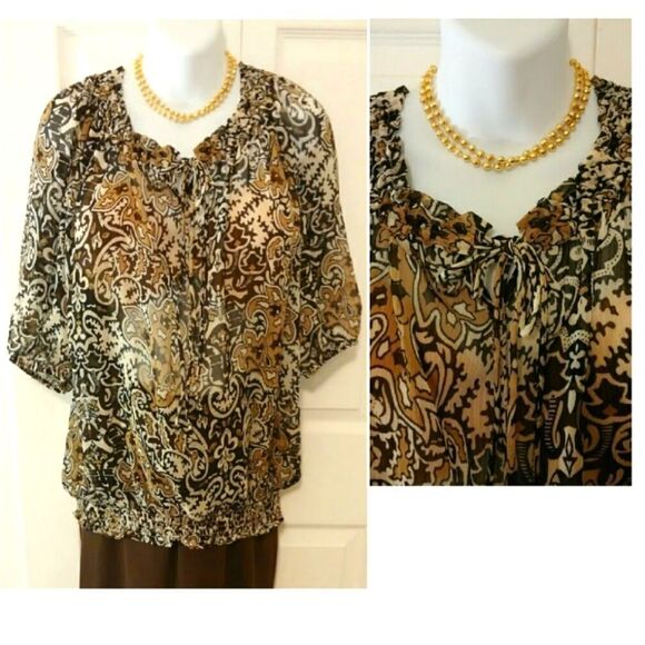 #435 Faded Glory-Semi-sheer gathered printed top- Size: 1X - Picture 1 of 5